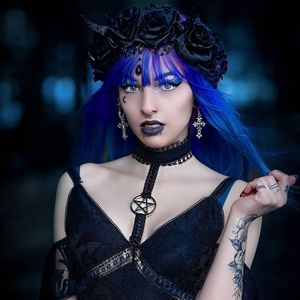 Black Roses ✦ Gothic Garland Headwrap ✦ Porcelain Skull 5‑Rose Crown Accessory
